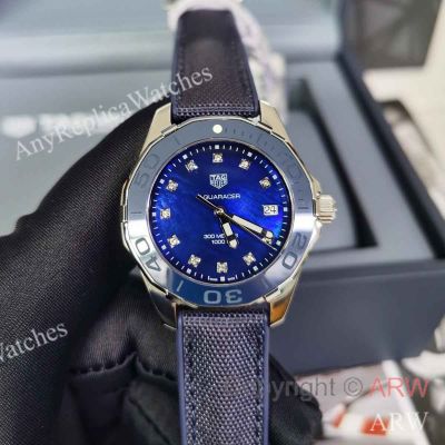 Swiss Copy Tag Heuer Aquaracer Blue MOP Diamond Dial 35mm Quartz Blue Strap Watch